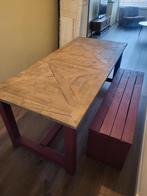 Handgemaakte houten tafel met bankje - 2 meter, Huis en Inrichting, Ophalen, Rechthoekig, 200 cm of meer, 50 tot 100 cm