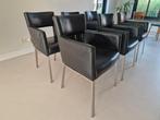 6x Design Foucault Eetkamerstoelen - Zwart Leer, RVS, Ophalen, Zwart, Design, Zo goed als nieuw