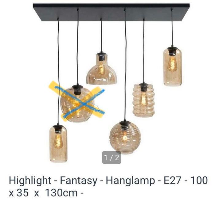 Hanglamp Fantasy Amber 6-lichts, Huis en Inrichting, Lampen | Hanglampen, Zo goed als nieuw, 75 cm of meer, Glas, Ophalen