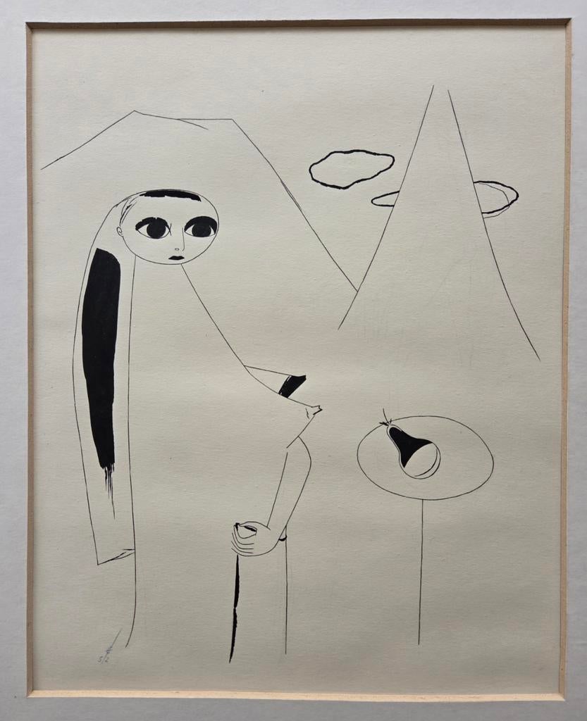 Pentekening. Naakt. Vrouw met peer. Gesigneerd en gedateerd, Antiek en Kunst, Kunst | Tekeningen en Foto's, Ophalen of Verzenden