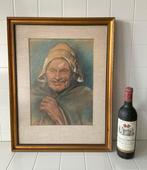 Portret oude Zeeuwse dame wit kapje pastel of kleurpotlood, Antiek en Kunst, Ophalen