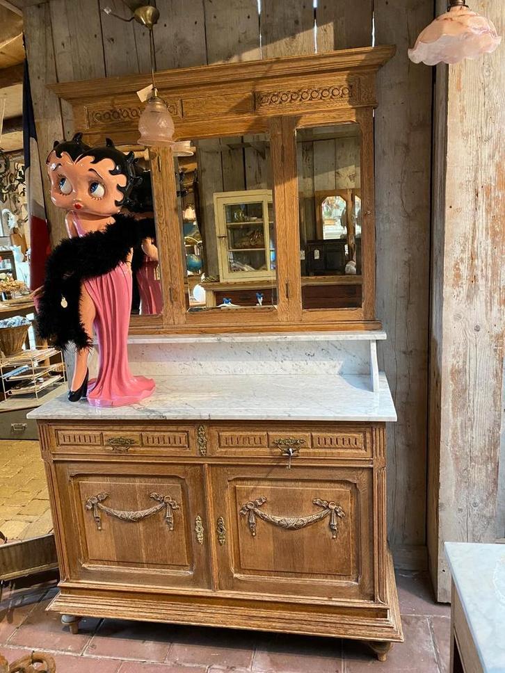 Landelijk Frans eiken kast commode met spiegel en marmer, Antiek en Kunst, Antiek | Meubels | Kasten, Ophalen