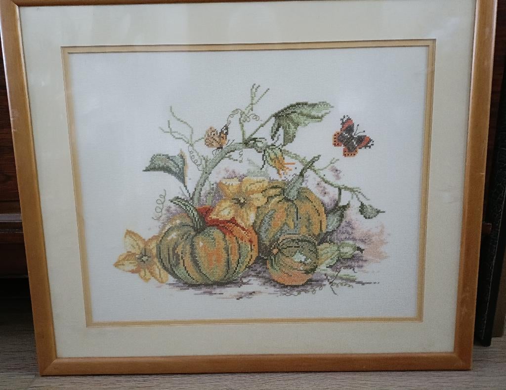Schilderij geborduurd met pompoenen passe partout 54 x 46, Ophalen of Verzenden, Gebruikt, Handborduren, Overige typen