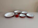 Vintage / Retro Emaille servies set - Rood/Wit/Zwart 6 delig, Overige materialen, Gebruikt, Ophalen of Verzenden, Schaal of Schalen