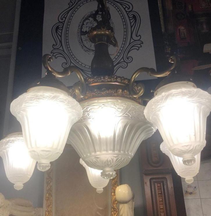 Groot Franse kroonluchter - hanglamp brons 5 arms lampenkap, Huis en Inrichting, Lampen | Kroonluchters, Gebruikt, Overige materialen