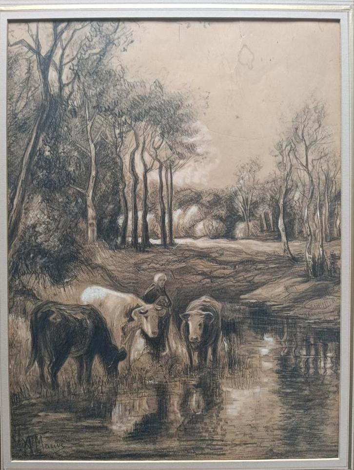 Anton Mauve  - Studie - Koeien aan een plas, Antiek en Kunst, Kunst | Schilderijen | Klassiek, Ophalen of Verzenden