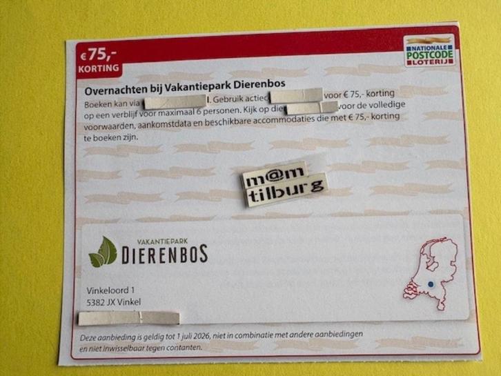 Overnachten bij Vakantiepark Dierenbos €75,- korting, Tickets en Kaartjes, Kortingen en Cadeaubonnen, Drie personen of meer, Bungalowpark