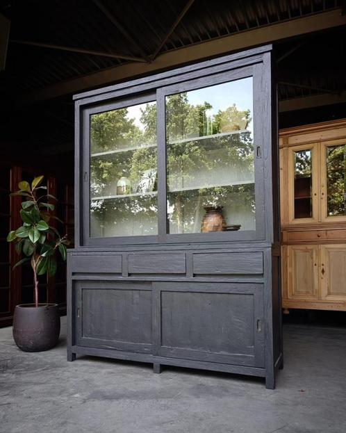 Antraciete Schoolkast | Greeploos | Buffetkast Teak #2080, Huis en Inrichting, Kasten | Buffetkasten, Zo goed als nieuw, 200 cm of meer