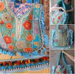 Boho hippie tas strandtas XL shopper goudborduursel turquois, Ophalen of Verzenden, Nieuw, Blauw, Handtas
