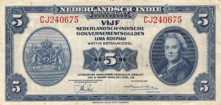 Nederlandsch -Indië Wilhelmina-biljet 5 gulden 2.3.1943-P113, Postzegels en Munten, Bankbiljetten | Nederland, 5 gulden, Verzenden