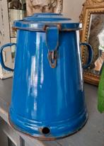 Diepblauwe grote oude emaille vet pot reuzelpot 29 cm hoog, Ophalen of Verzenden