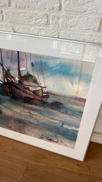 Aquarel Schilderij - Boten op het Strand beschikbaar voor biedingen