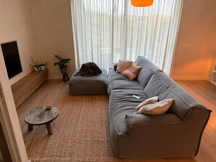 Comfortabele Grijze Elementenbank met hocker  ‘Candy’, Huis en Inrichting, Banken | Bankstellen, Gebruikt, Rechte bank, Vierpersoons of meer