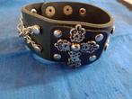 Brede Zwarte lederen studs & ketting armband (Size: 18/21cm), Verzenden, Nieuw, Zwart, Leer