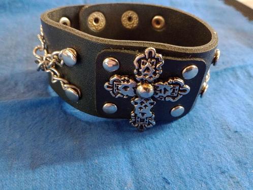 Brede Zwarte lederen studs & ketting armband (Size: 18/21cm), Sieraden, Tassen en Uiterlijk, Armbanden, Nieuw, Leer, Zwart, Verzenden