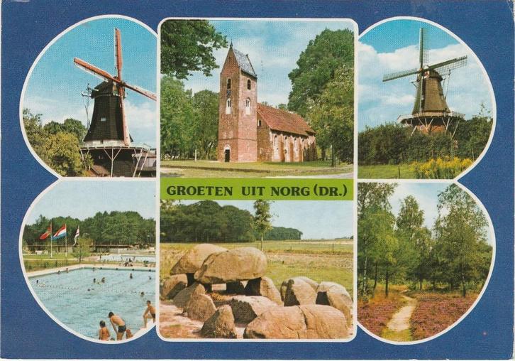 NORG Molen Zwembad Kerk Hunebed Groeten, Verzamelen, Ansichtkaarten | Nederland, Gelopen, Drenthe, 1980 tot heden, Verzenden