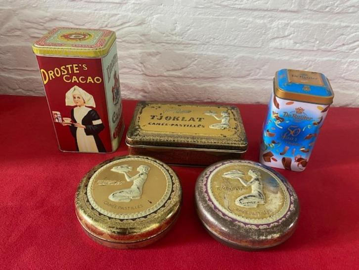 6 vintage chocolade blikken Tjoklat Droste De Ruijter, Verzamelen, Blikken, Gebruikt, Overige, Droste, Ophalen of Verzenden