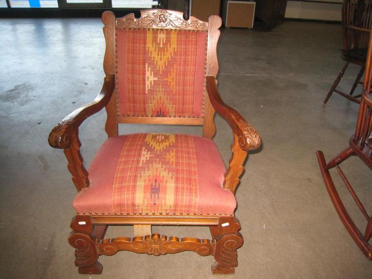 Antieke fauteuil met rode stof, hoog 42/90, diep 45, breed 6, Huis en Inrichting, Fauteuils, Gebruikt