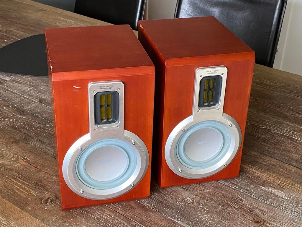 Philips speakers - Houten design met ribbon tweeter, Ophalen of Verzenden, Gebruikt, Front, Rear of Stereo speakers, Philips
