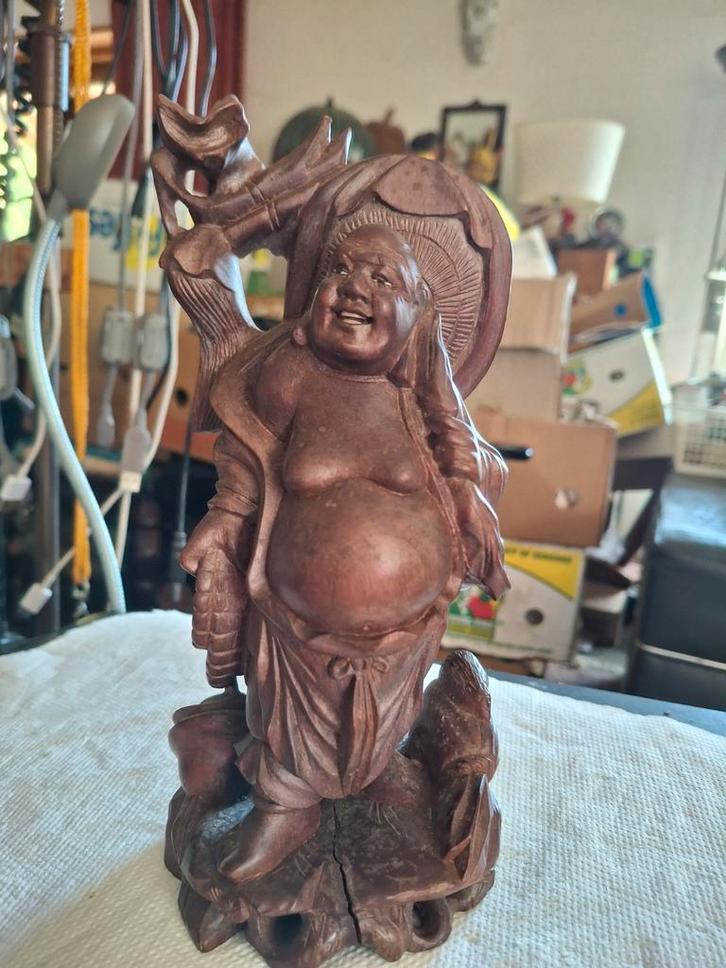 Houten Boeddha beeld - Lachende Boeddha met draak, Antiek en Kunst, Kunst | Beelden en Houtsnijwerken, Ophalen of Verzenden
