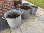 Zinken aliminium en emaille xl pannen bloempotten tuindeco, Ophalen, Minder dan 60 cm, Rond, Zo goed als nieuw