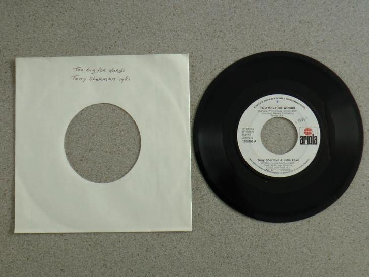 Tony Sherman & Julia Loko - Too Big for words VINYL SINGLE, Cd's en Dvd's, Vinyl Singles, Gebruikt, Single, Pop, 7 inch, Ophalen of Verzenden