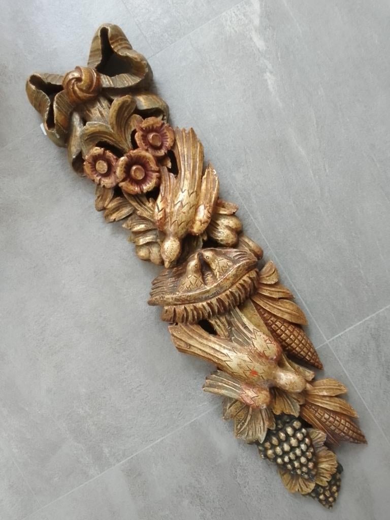 Antiek houten ornament, verguld, handgestoken decor, 93 cm, Antiek en Kunst, Ophalen of Verzenden, Hout, Houtsnijwerk