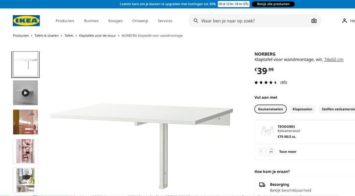 [Ikea] bureau / klaptafel voor wandmontage NORBERG, Huis en Inrichting, Bureaus, Zo goed als nieuw, Bureau, Ophalen