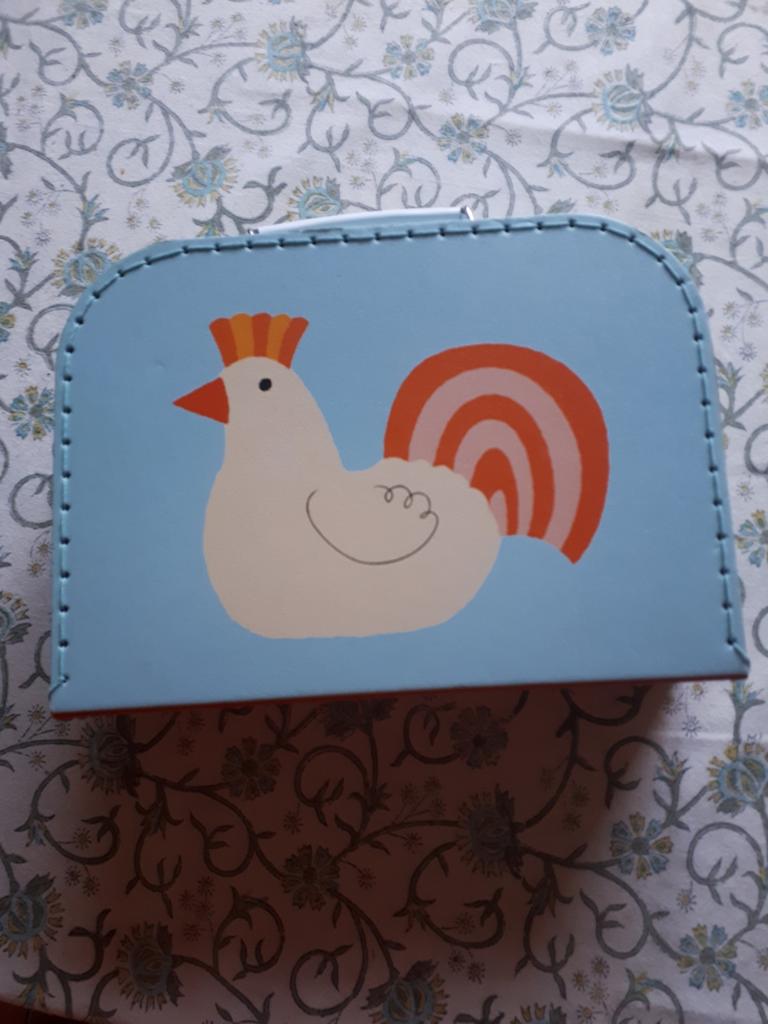 Koffertje van karton met kip , blauw, Ophalen of Verzenden, Overige typen