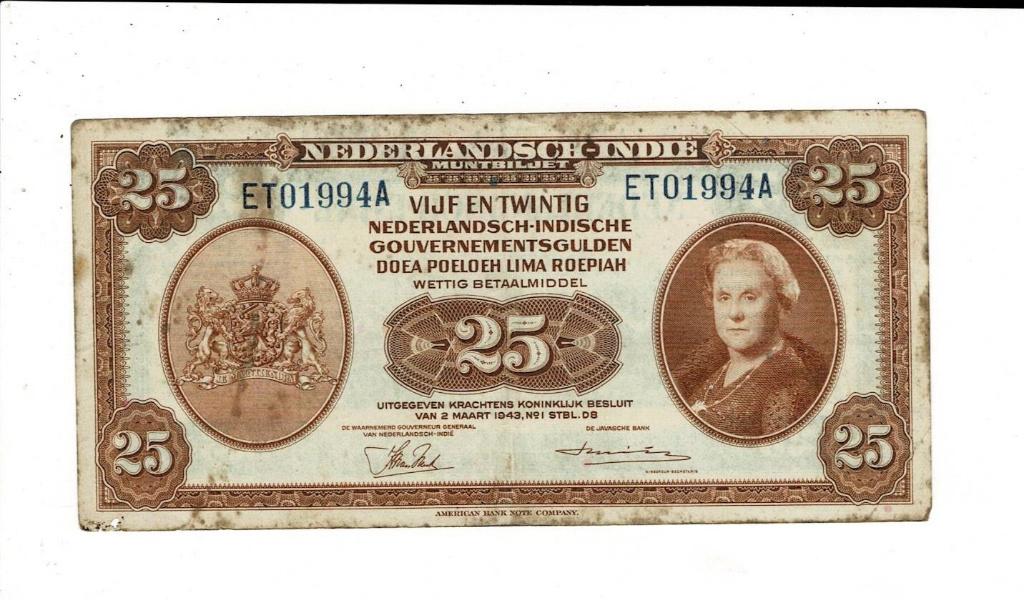 Nederlandsch Indië, 25 gulden 1943, Postzegels en Munten, Bankbiljetten | Nederland, Verzenden, 25 gulden