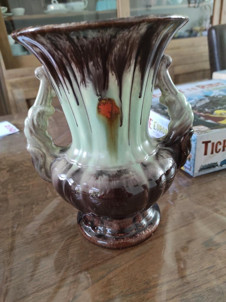 Prachtige vintage vaas Germany, bruin/groen met handvatten, Antiek en Kunst, Antiek | Vazen, Ophalen of Verzenden