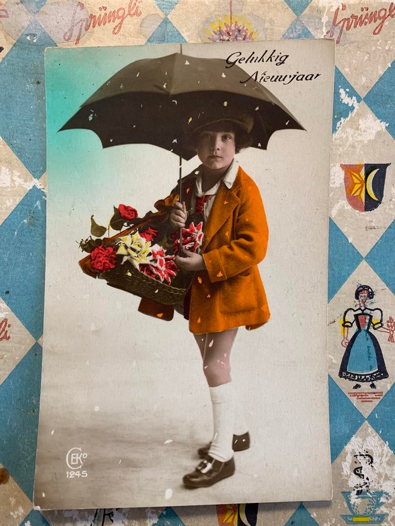 1929 Gelukkig Nieuwjaar - meisje met paraplu (NN), Ophalen of Verzenden, 1920 tot 1940, Gelopen, Feest(dag)