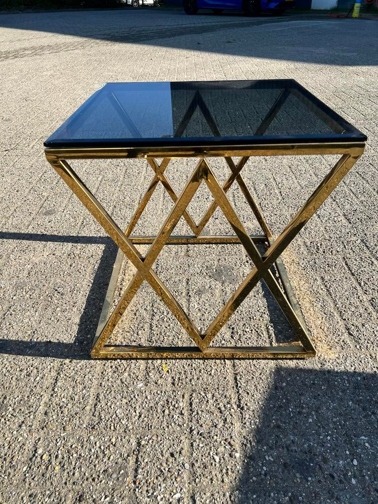 Gouden bijzettafel met glasplaat 40x40 cm, Ophalen, Minder dan 45 cm, Minder dan 55 cm, Gebruikt