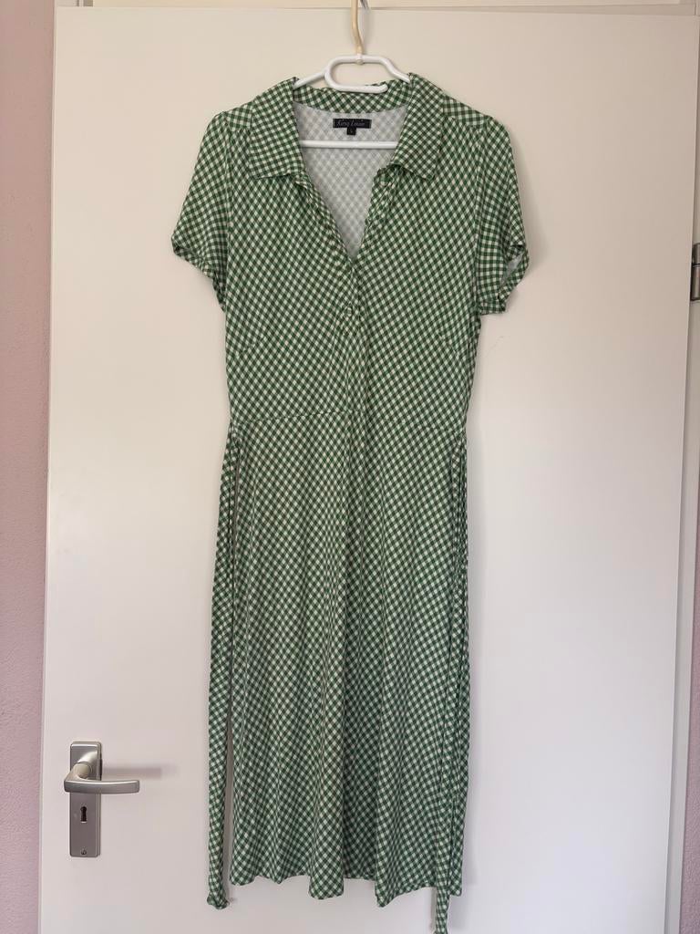 King Louie jurk maat m L groen/wit geblokt, Kleding | Dames, Maat 42/44 (L), Ophalen of Verzenden, Zo goed als nieuw, Knielengte
