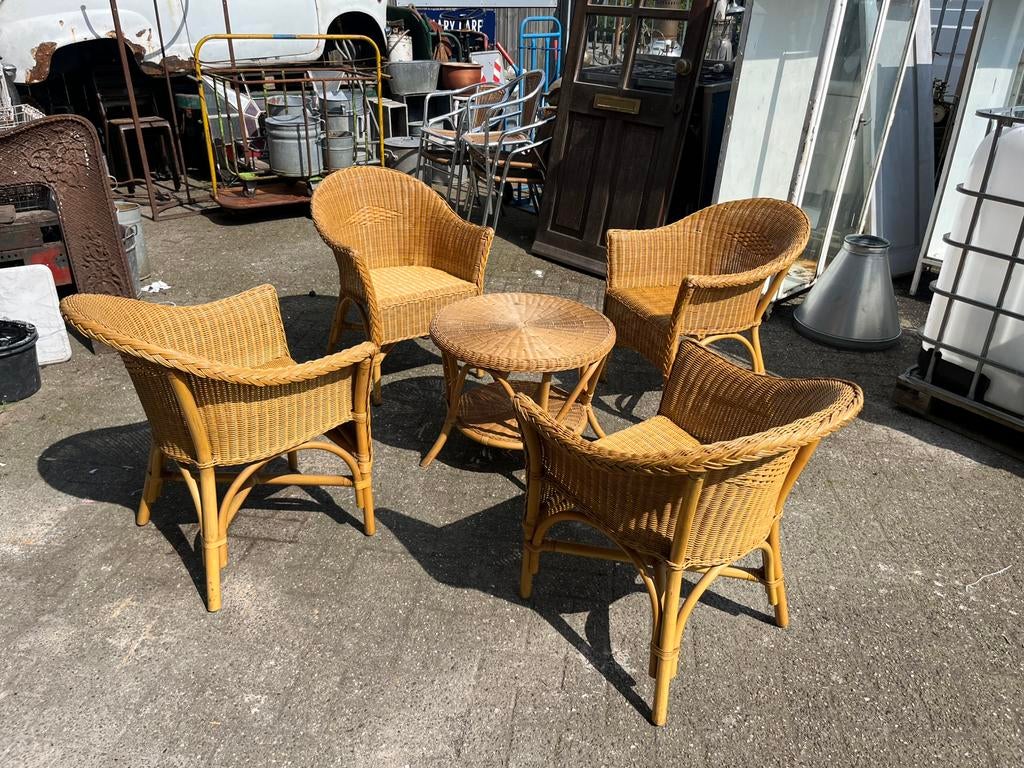Rotan vintage loungset, terras, tuin, balkon, serre, Tuin en Terras, Tuinsets en Loungesets, Ophalen, 4 zitplaatsen, Bijzettafel