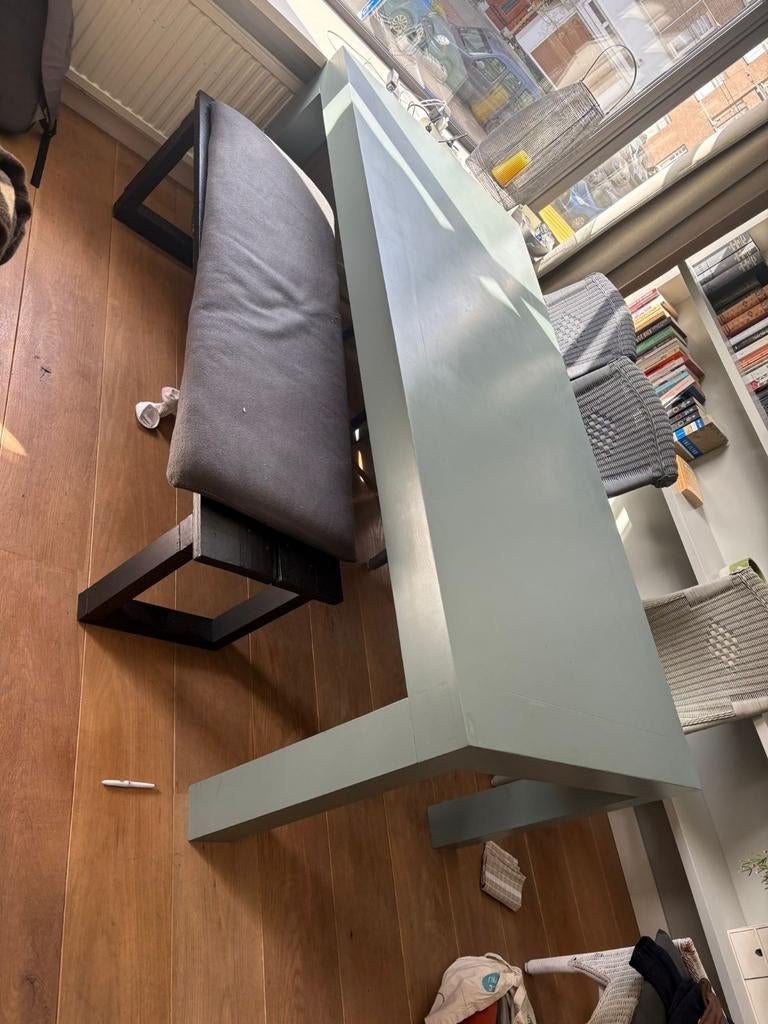 Eiken geschilderde tafel Grijs/groen, Ophalen, Rechthoekig, 200 cm of meer, 50 tot 100 cm