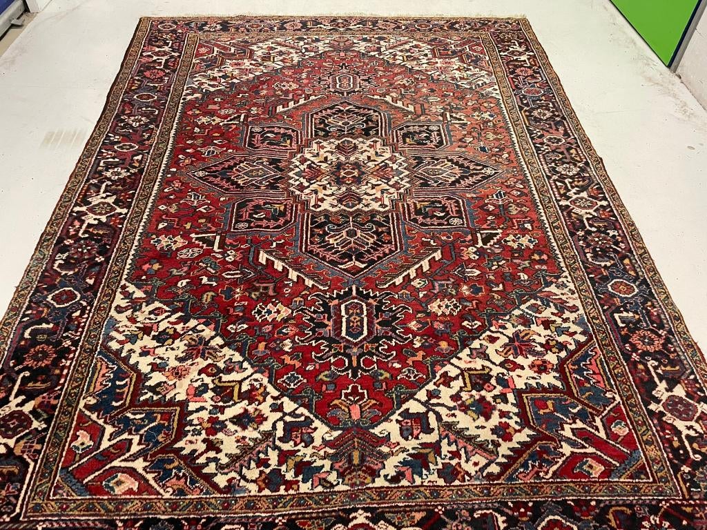 Antieke handgeknoopte Perzisch tapijt Heriz 3.20 x 2.30, Crème, 200 cm of meer, Ophalen of Verzenden, Zo goed als nieuw