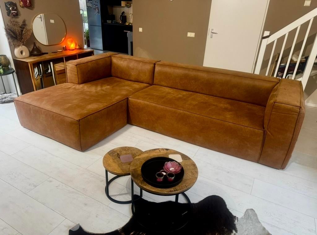 Perfecte staat bank, bruin eco-leer van Woood, Ophalen, Zo goed als nieuw, Leer