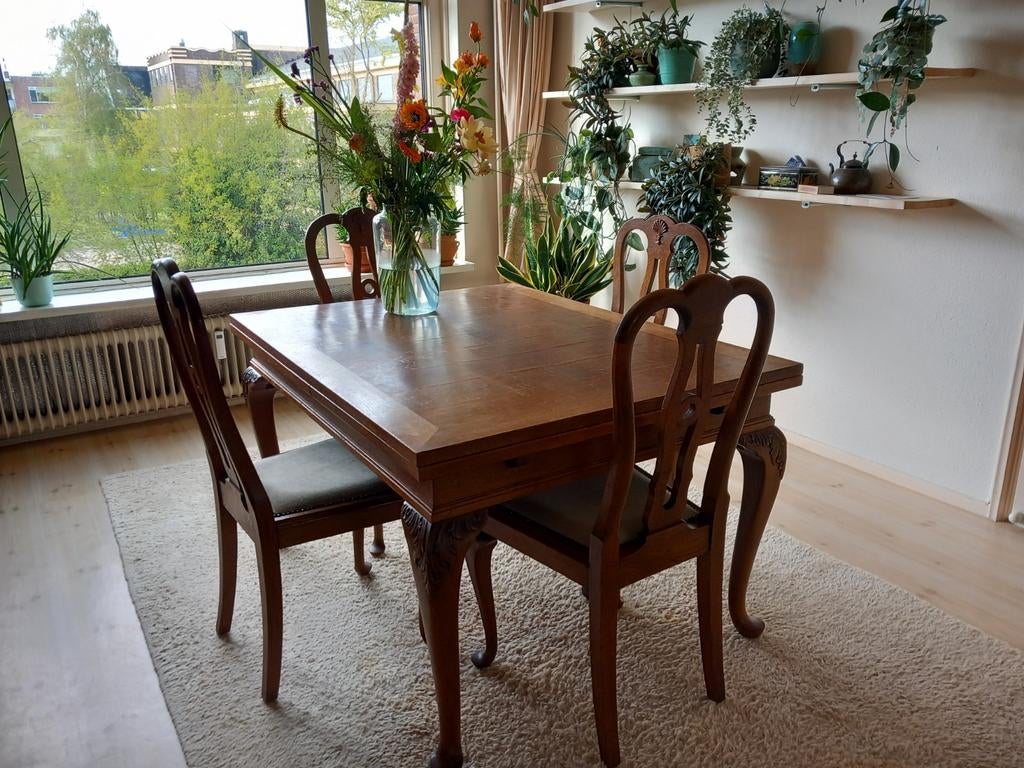 Uittrek tafel met 6 stoelen, Ophalen, Gebruikt, 200 cm of meer, 50 tot 100 cm