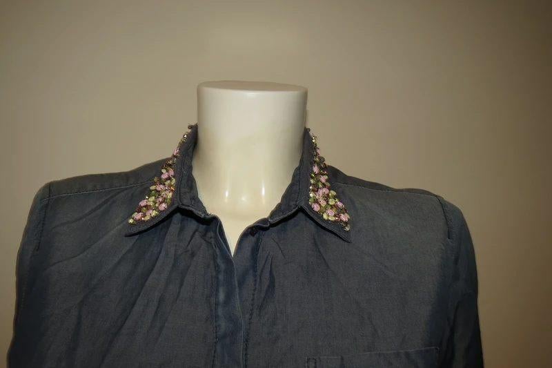 Marccain jeans look blouse kraag met stenen werk kleur N2, Zo goed als nieuw, Maat 36 (S), Marccain, Verzenden