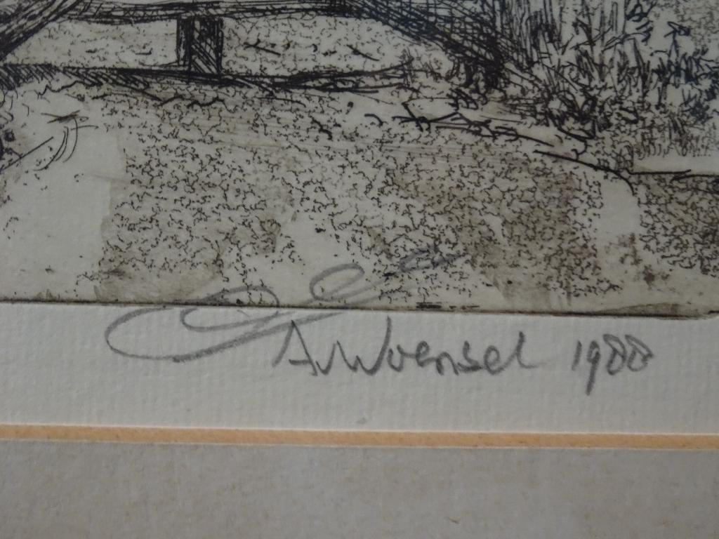 Ets zicht op Ravenstein, molen paard en wagen A. van Woensel, Stadsgezicht, Origineel, 1950 - 1999, Verzenden