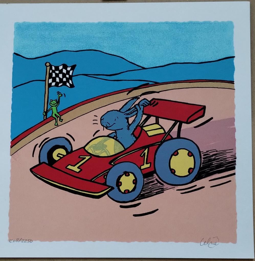 Prachtige zeefdruk van Celine Maat. Titel : 'Sportauto', Antiek en Kunst, Kunst | Litho's en Zeefdrukken, Ophalen of Verzenden