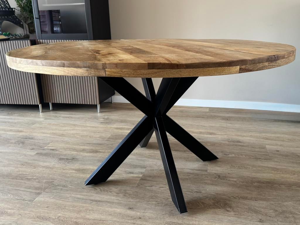 Ronde eettafel van mangohout - 140 cm, Ophalen, 100 tot 150 cm, Rond, Zo goed als nieuw