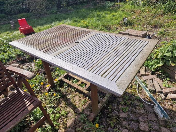 Teakhouten tuintafel met 7 tuinstoelen, Tuin en Terras, Tuintafels, Gebruikt, Rechthoekig, Teakhout, Ophalen