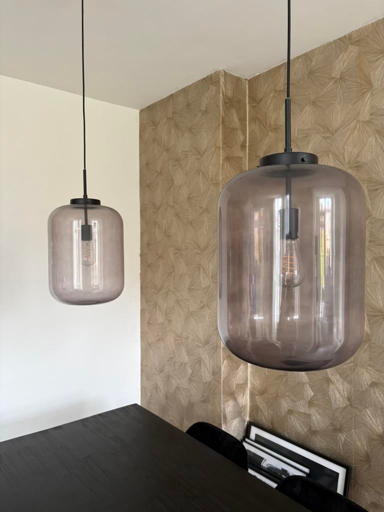 Twee hanglampen van donker rookglas met zwarte fitting, Ophalen, 50 tot 75 cm, Glas, art deco, eric kuster, Glas
