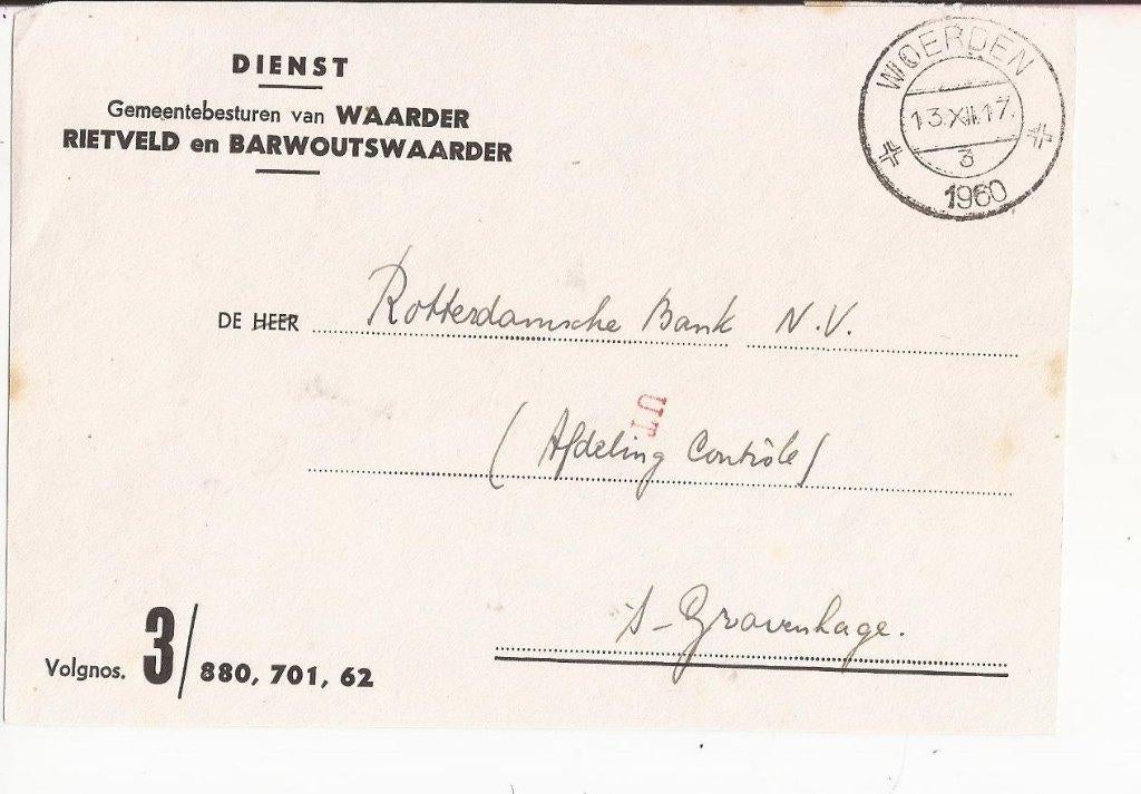 WAARDER RIETVELD en BARWOUTSWAARDER 1960 Dienst Gemeentebest, Ophalen of Verzenden, 1940 tot 1960, Gelopen, Utrecht