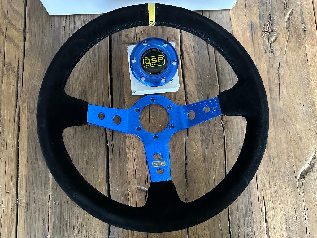 QSP 350mm 90mm suede blauw sportstuur autostuur stuur, Ophalen of Verzenden