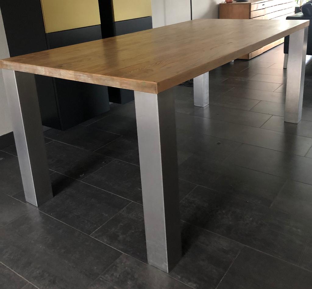 Tafel eiken blad met rvs poten, Ophalen, Gebruikt, 50 tot 100 cm, 150 tot 200 cm