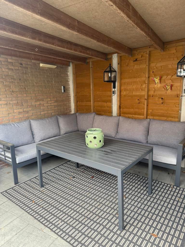 Tuinset donkergrijs incl kussens en tafel, Ophalen, Gebruikt, Aluminium