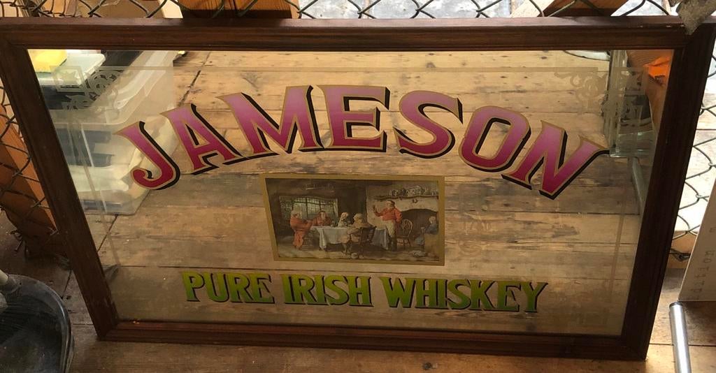 Vintage grote Jameson Irish Whiskey spiegel, Ophalen of Verzenden, Rechthoekig, 50 tot 100 cm, Minder dan 100 cm
